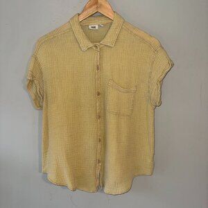 True Craft Yellow Waffle Like Fabric Collared Rolled Sleeves Button Down Top M